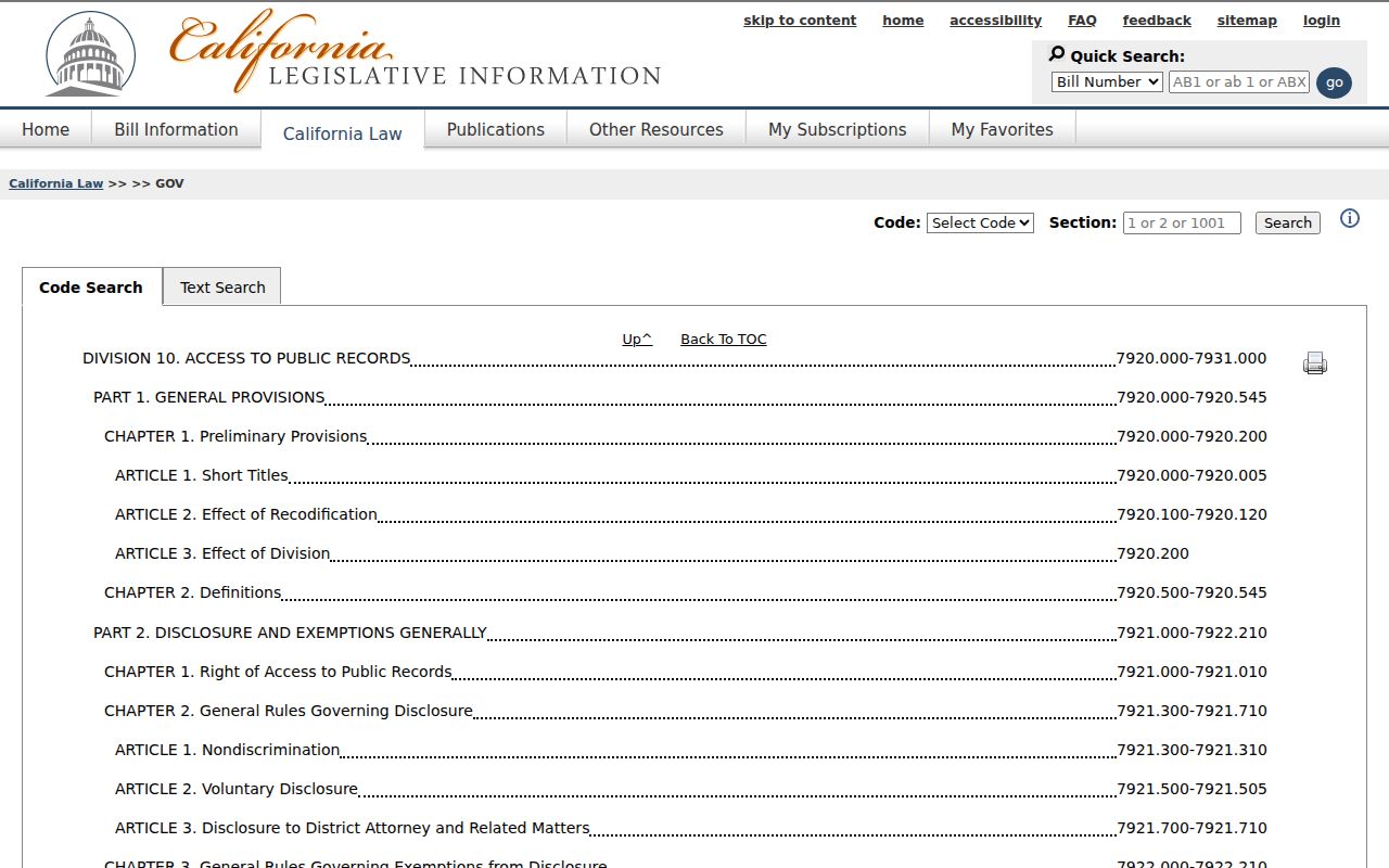 California Public Records Act official legislative page