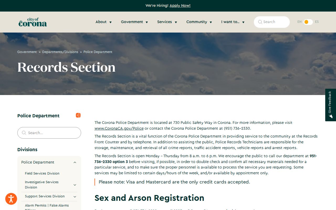 Corona Police Department Records Section official webpage