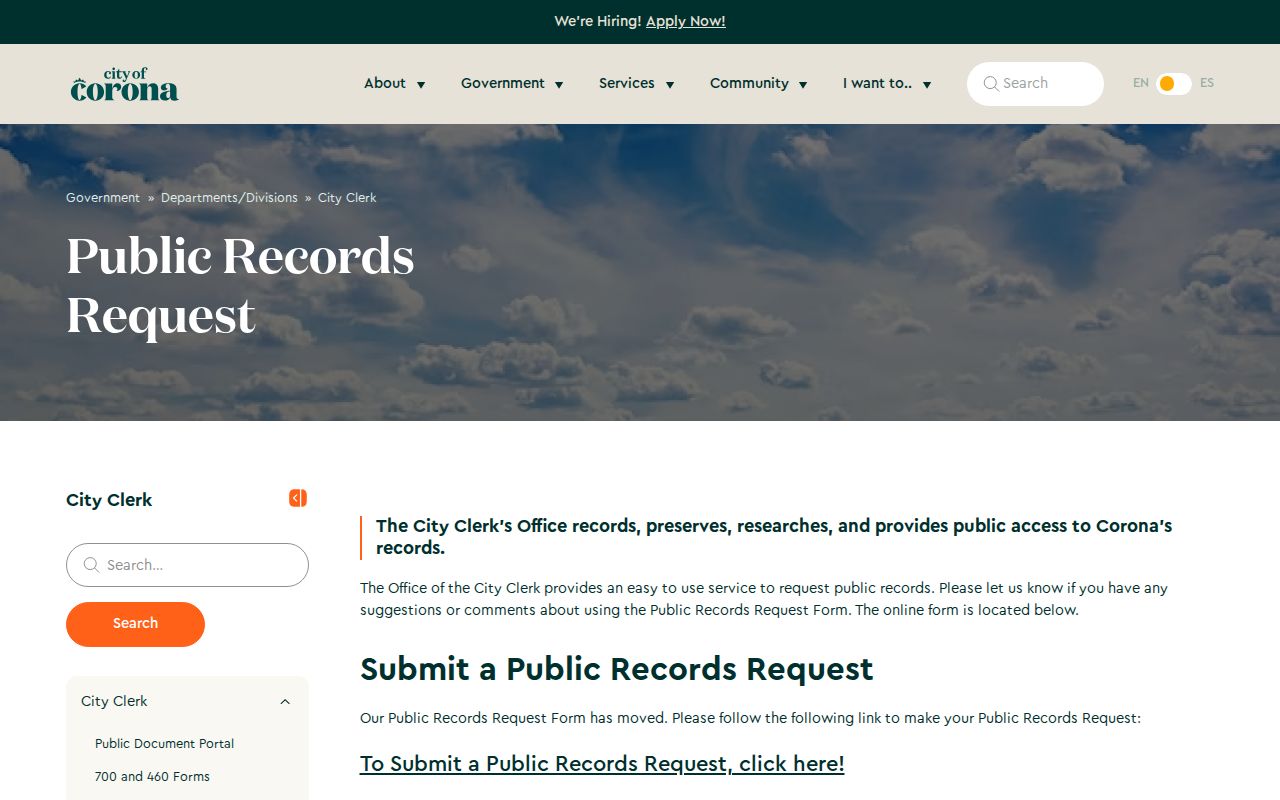 City of Corona public records request webpage