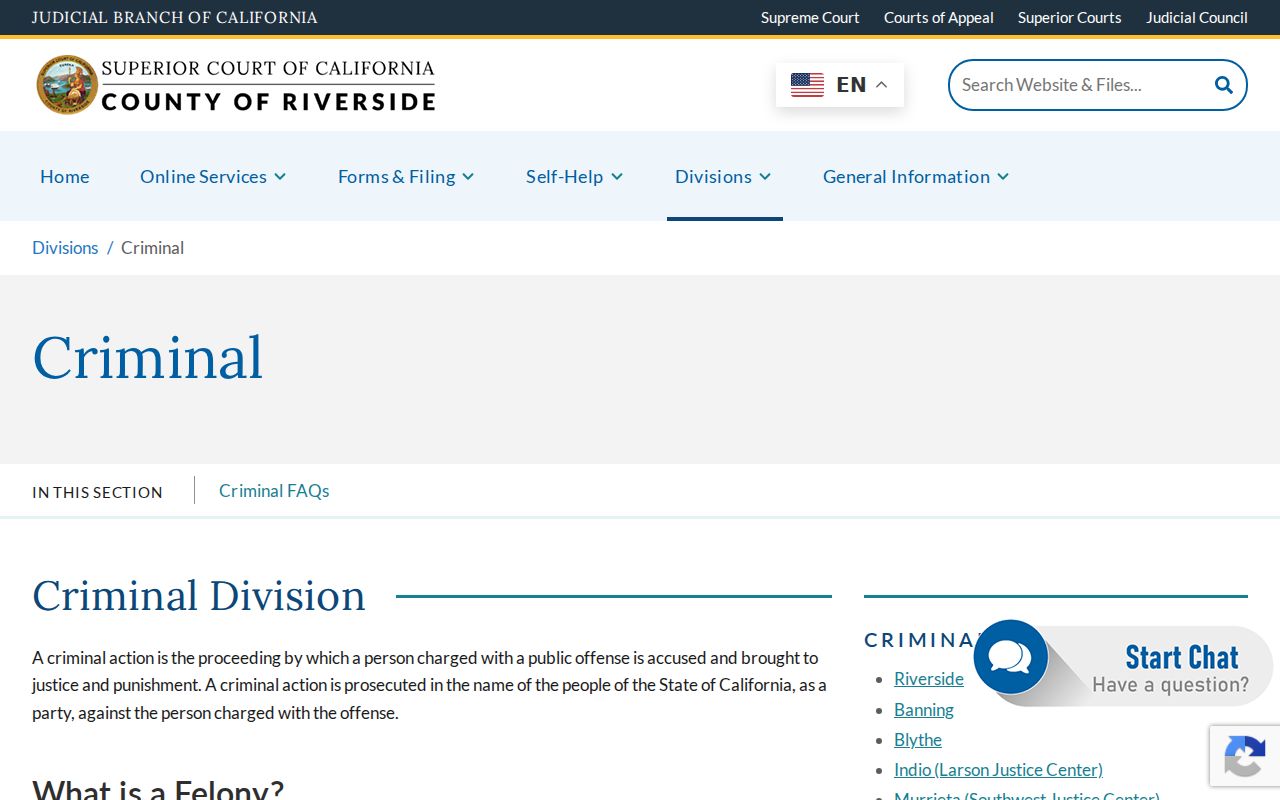 Riverside County criminal court records division page