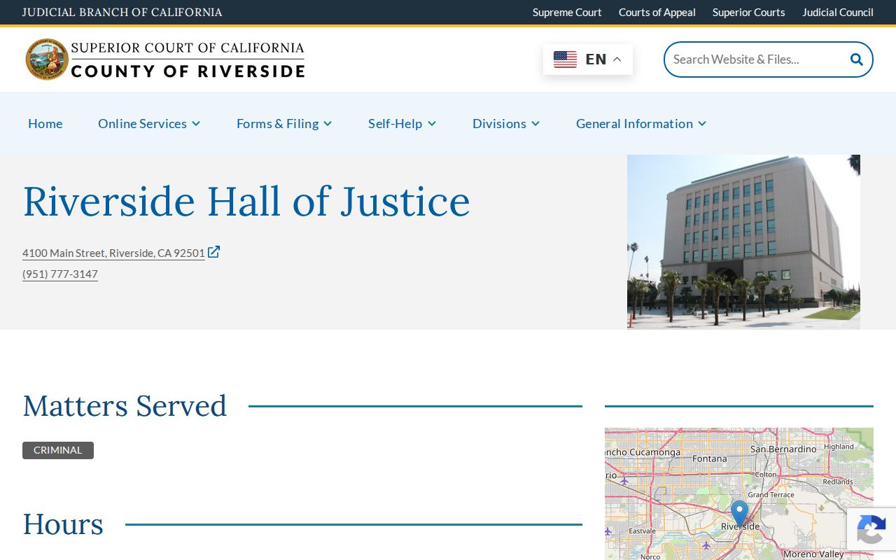 Riverside County criminal court records at Riverside Hall of Justice