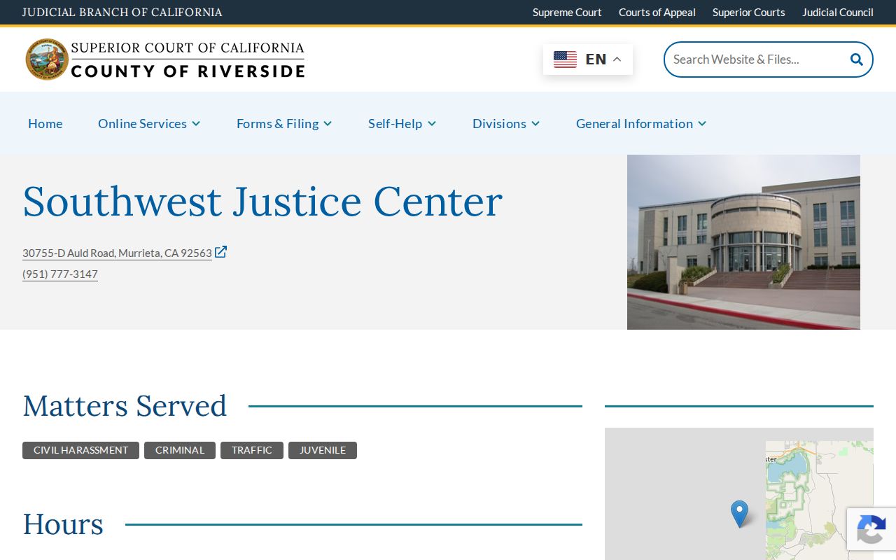 Riverside County criminal court records at Southwest Justice Center