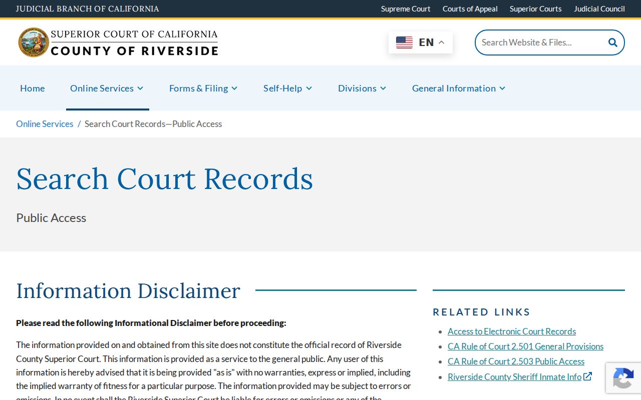 Riverside County criminal record court search information