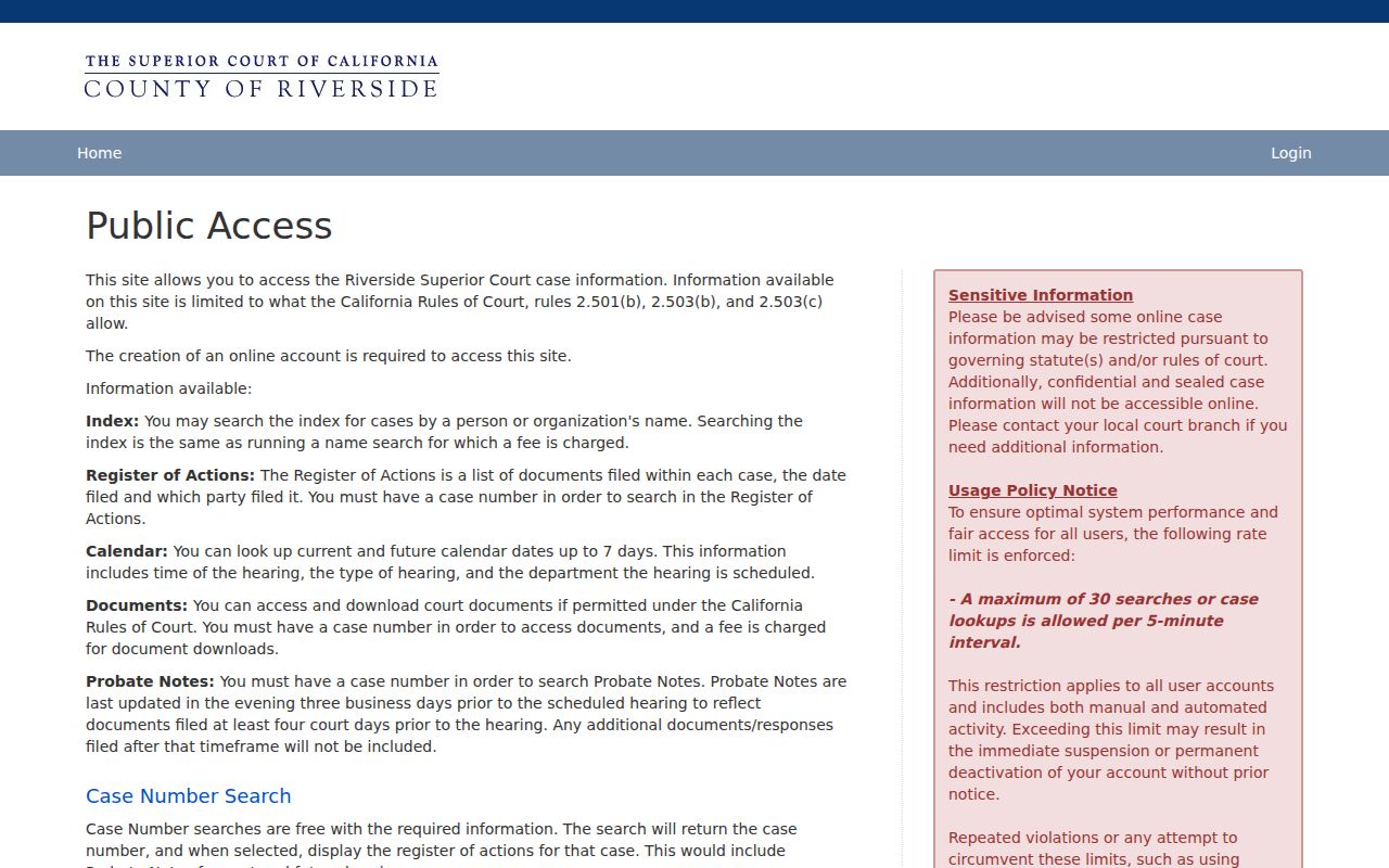 Riverside County criminal court Public Access portal