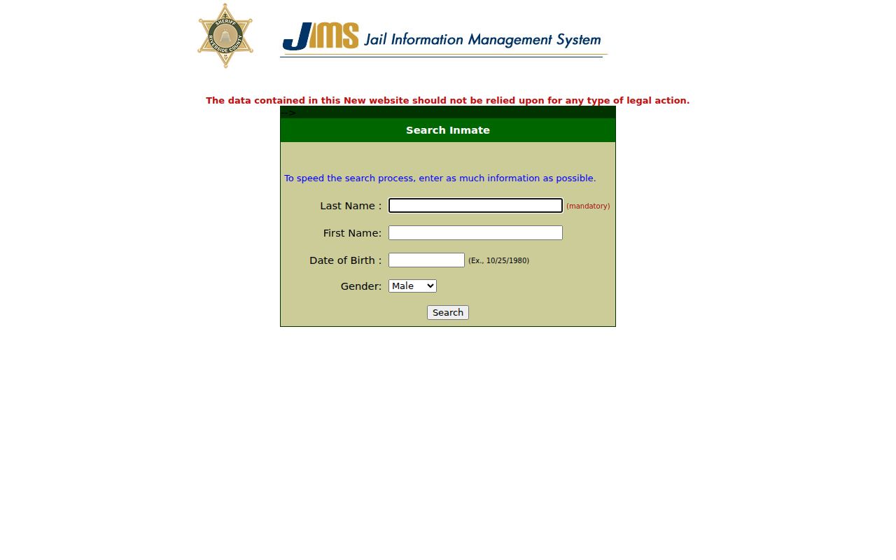 Riverside County arrest and inmate lookup fields