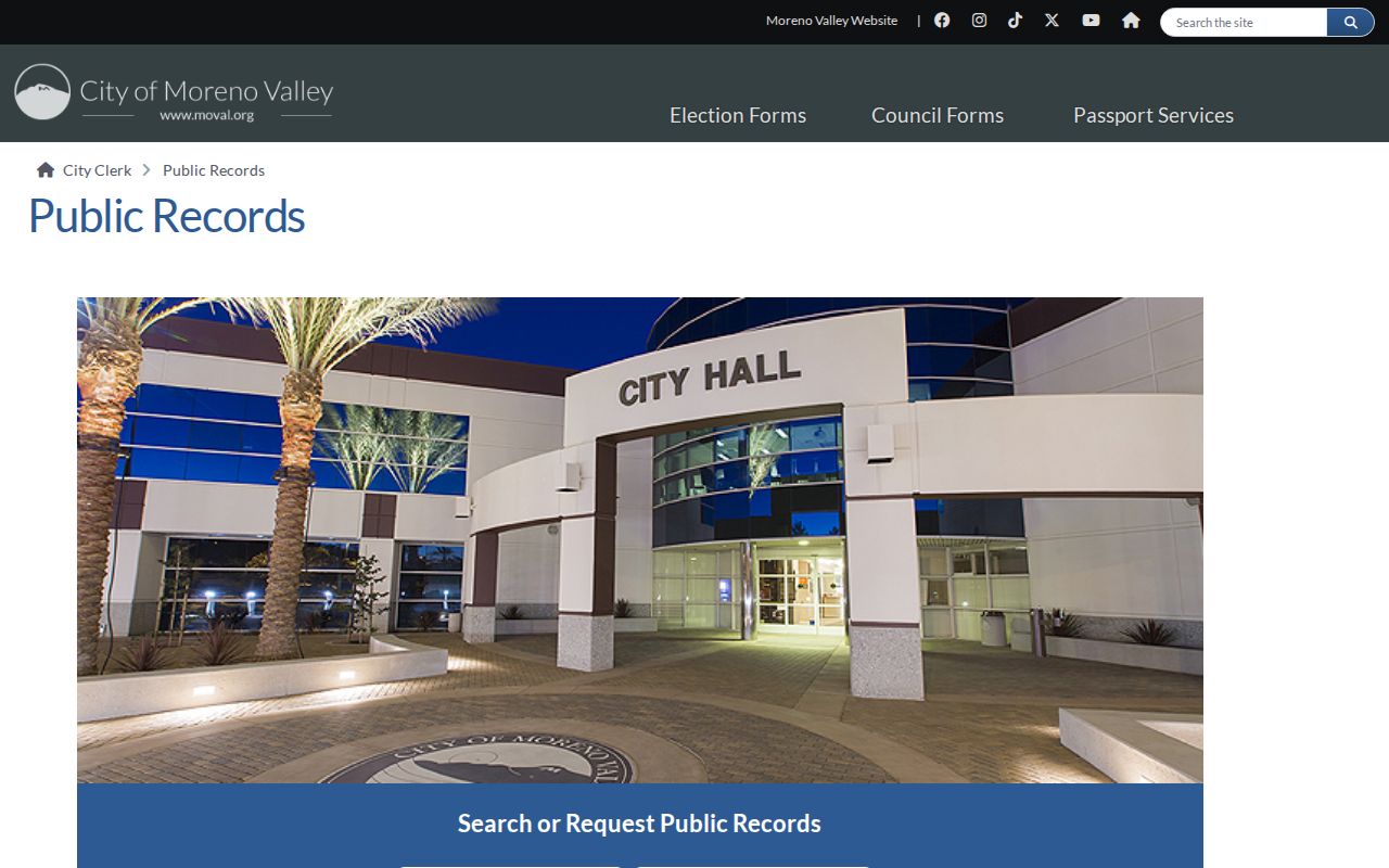 Moreno Valley public records page explaining police record routing