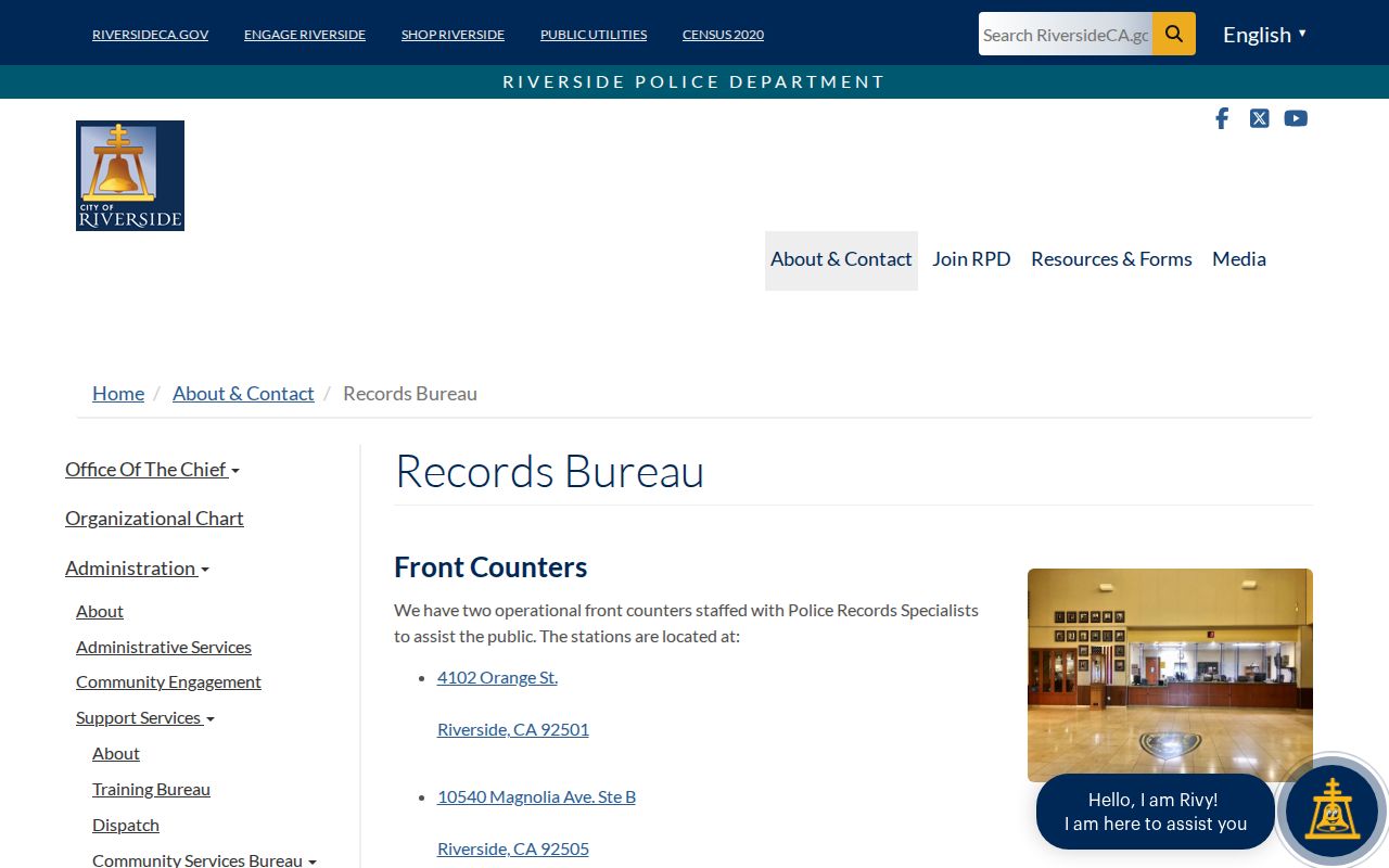 Riverside Police Department Records Bureau webpage