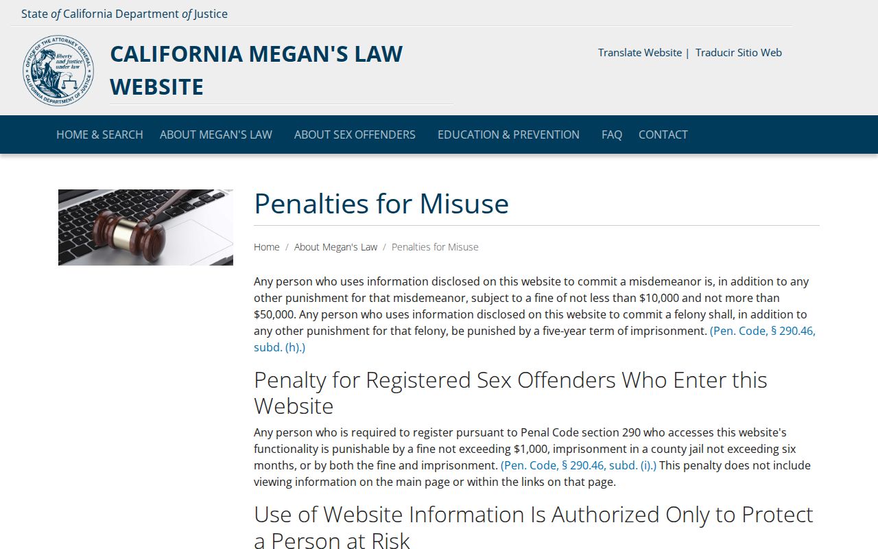 California Megan's Law official penalties for misuse webpage