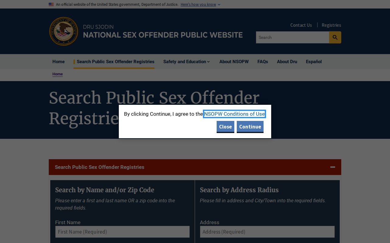 National Sex Offender Public Website official multi-registry search page