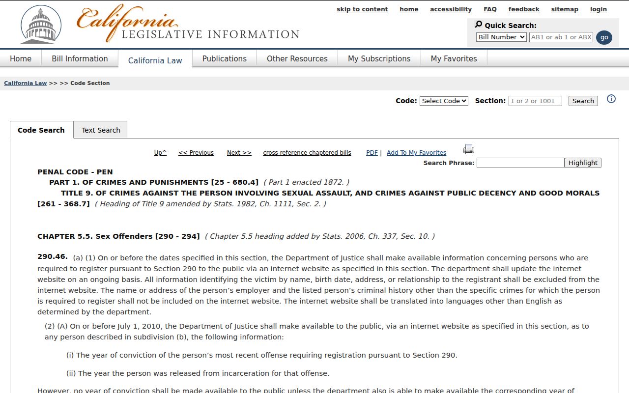 California Penal Code 290.46 official webpage for Megan's Law disclosure