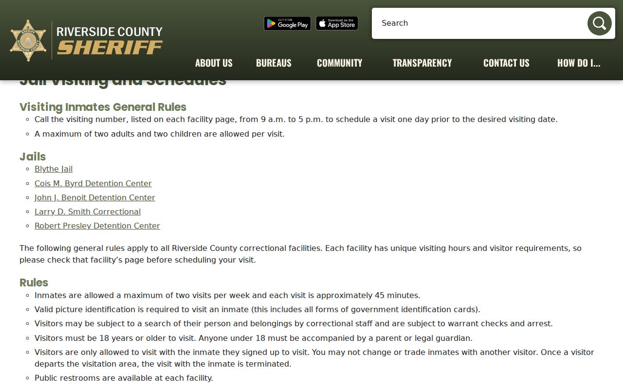 Riverside County arrest records jail visiting schedules