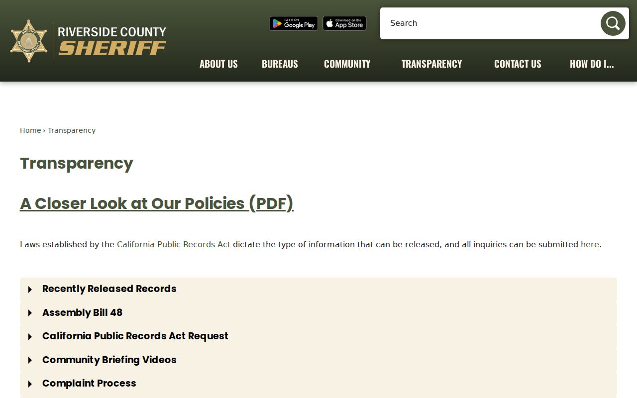 Riverside County arrest history transparency page